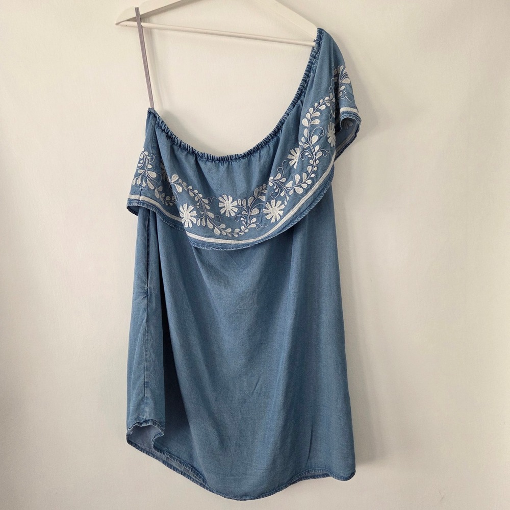 Rebecca Minkoff One Shoulder Tunic‎ Blue Chambray Embroidered Boho Womens S